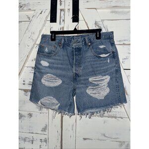 Levi's 501 90s Denim Women Shorts Button Distressed Frayed Midi Hem Blue Sz 32